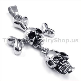 Titanium Two Skull Design Cross Pendant - Free Chain