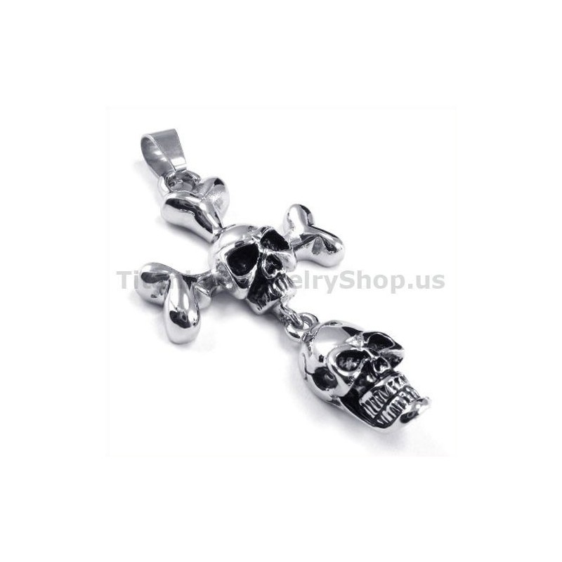 Titanium Two Skull Design Cross Pendant - Free Chain Titanium Two Skull Design Cross Pendant - Free Chain