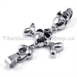 Titanium Two Skull Design Cross Pendant - Free Chain