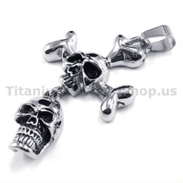Titanium Two Skull Design Cross Pendant - Free Chain