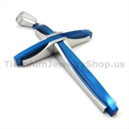 Blue Color Cross Titanium Pendant - Free Chain