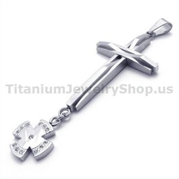 Silver Cross Titanium Pendant With Diamonds - Free Chain