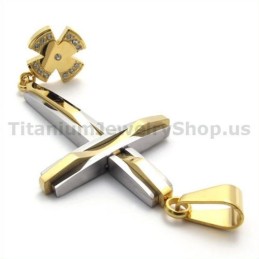 Golden Titanium Cross Pendant With Diamonds - Free Chain