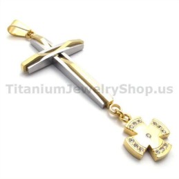 Golden Titanium Cross Pendant With Diamonds - Free Chain