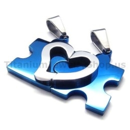Sweetheart Jigsaw Puzzle Titanium Lovers Pendants(Blue)-Free Chains