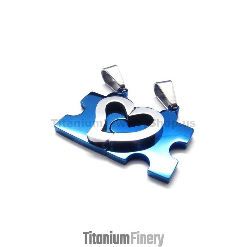 Sweetheart Jigsaw Puzzle Titanium Lovers Pendants(Blue)-Free Chains