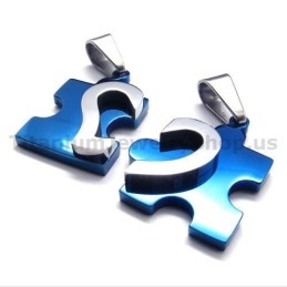 Sweetheart Jigsaw Puzzle Titanium Lovers Pendants(Blue)-Free Chains