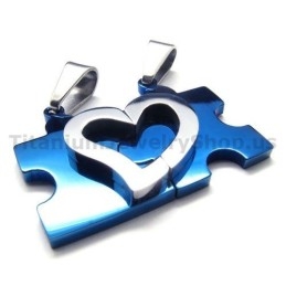 Sweetheart Jigsaw Puzzle Titanium Lovers Pendants(Blue)-Free Chains