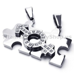 Jigsaw Puzzle Titanium Lovers Pendants With Diamonds-Free Chains