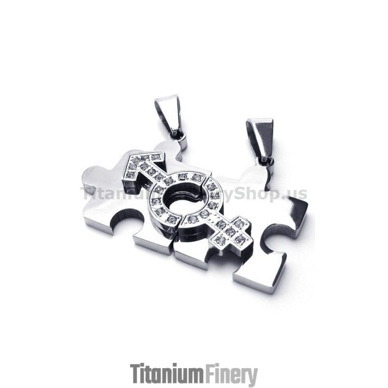 Jigsaw Puzzle Titanium Lovers Pendants With Diamonds-Free Chains