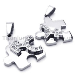 Jigsaw Puzzle Titanium Lovers Pendants With Diamonds-Free Chains