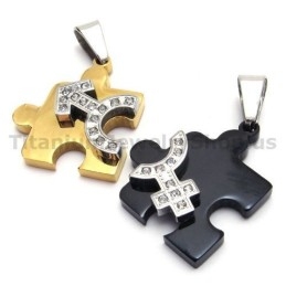 Jigsaw Puzzle Titanium Lovers Pendants With Diamonds-Free Chains