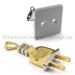 Socket And Plug Gloden Titanium Lovers Pendants-Free Chains