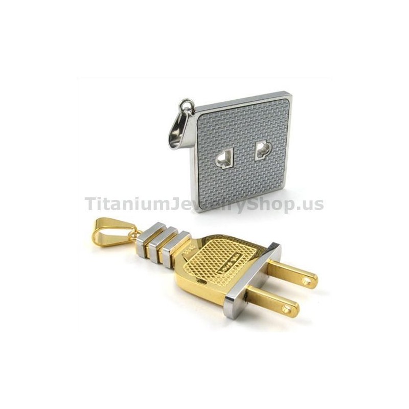 Socket And Plug Gloden Titanium Lovers Pendants-Free Chains Socket And Plug Gloden Titanium Lovers Pendants-Free Chains