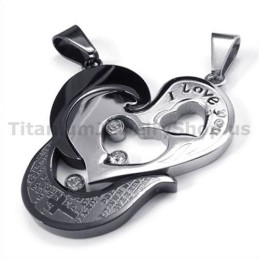 Sweetheart And Cross Black Titanium Lovers Pendants With Diamonds-Free Chains