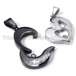 Sweetheart And Cross Black Titanium Lovers Pendants With Diamonds-Free Chains