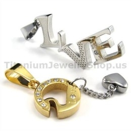 Love Titanium Lovers Golden Pendants With Diamonds-Free Chains