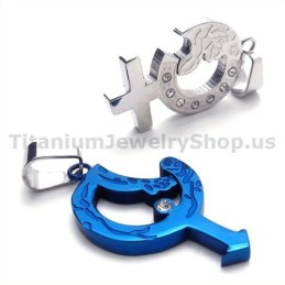 Blue Color Titanium Lovers Pendants With Diamonds-Free Chains