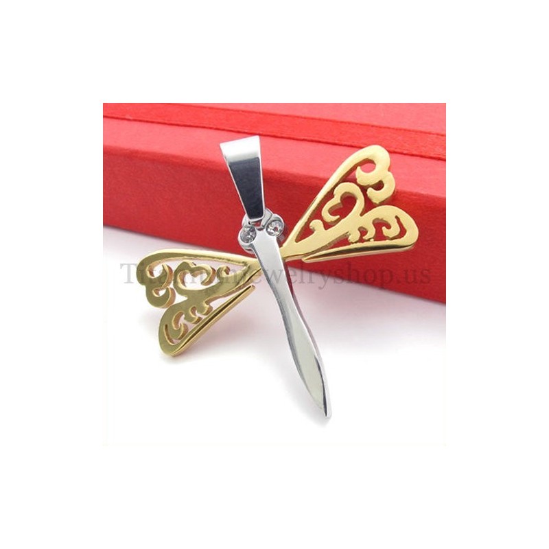 Gold Wings Dragonfly Titanium Cross Pendant