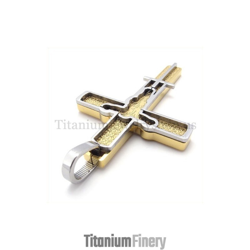 Gold Carved Jesus Pattern Titanium Cross Pendant
