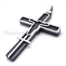 Black Carved Jesus Pattern Titanium Cross Pendant