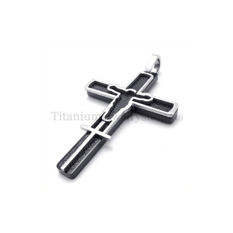 Black Carved Jesus Pattern Titanium Cross Pendant Black Carved Jesus Pattern Titanium Cross Pendant