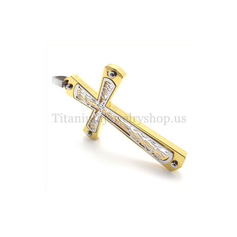 Gold Embedded Hollow Cross Pattern Fashion Titanium Cross Pendant