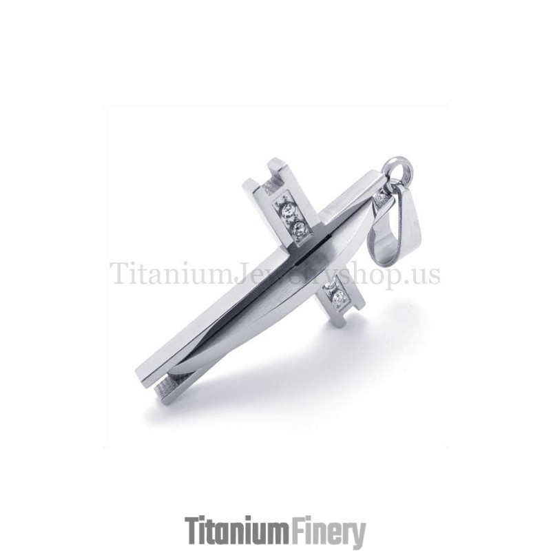 Silver With Diamond Fashion Titanium Cross Pendant