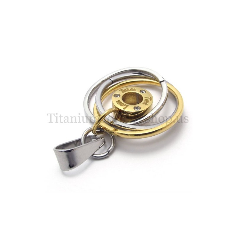 Gold Multi-Ring Engraved With "Take Time Love" Titanium Pendant Gold Multi-Ring Engraved With "Take Time Love" Titanium Pendant