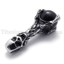 Skull Holding A Black Gem Pure Titanium Pendant
