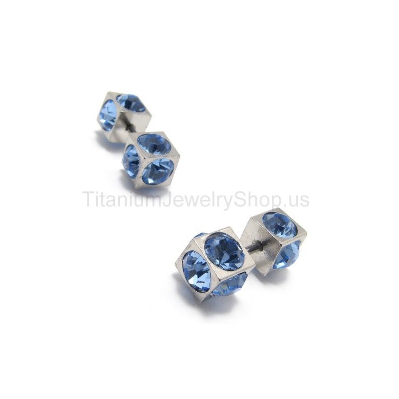 Boxes Titanium Inlayed Blue Diamond Earrings