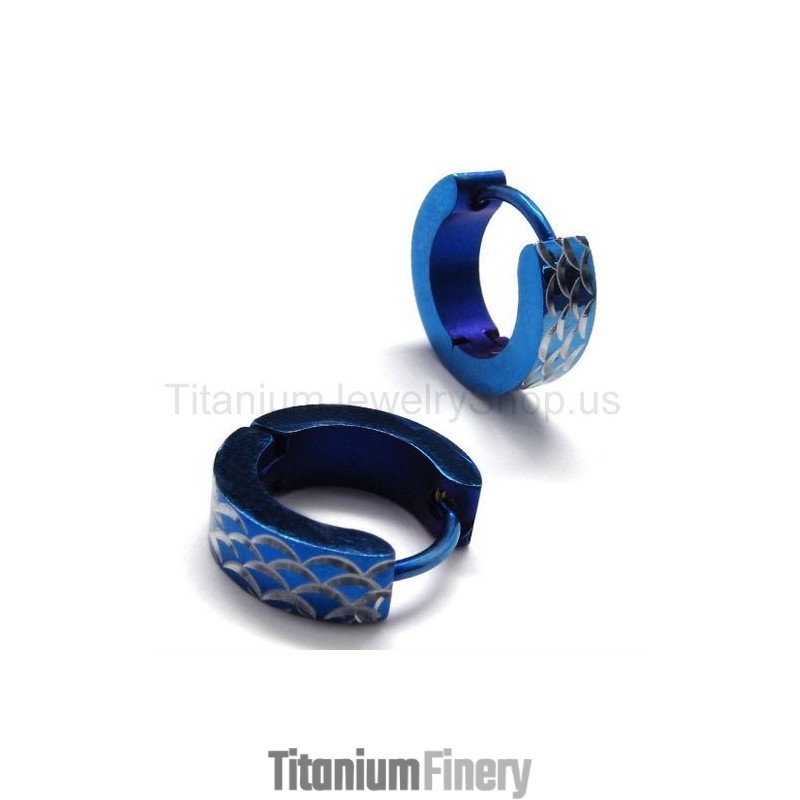 Blue Engraved Titanium Loop Earrings Blue Engraved Titanium Loop Earrings