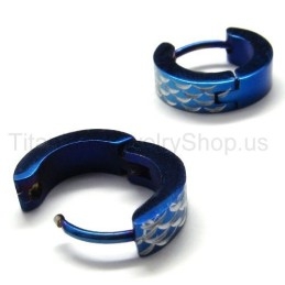 Blue Engraved Titanium Loop Earrings