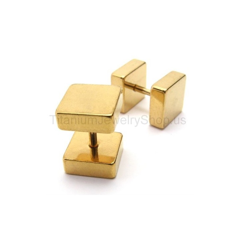 Gold Titanium Boxes Barbell Earrings