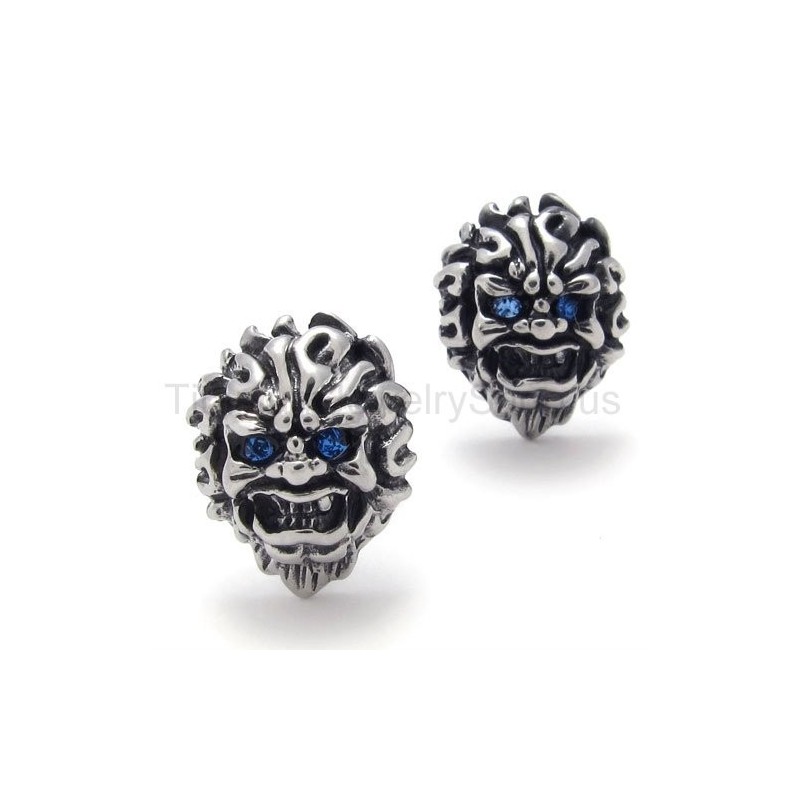 With Blue-Eyes Lion Retro Titanium Earrings With Blue-Eyes Lion Retro Titanium Earrings