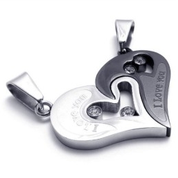 Sweetheart And Black Titanium Lovers Pendants With Diamonds - Free Chains