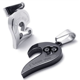 Sweetheart And Black Titanium Lovers Pendants With Diamonds - Free Chains