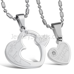 Titanium Silver Sweetheart Lovers Pendants With Rhinestone And Free Chains C600