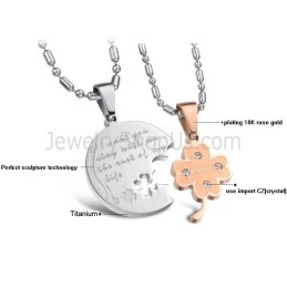 Titanium Silver And Rose Gold Flower Lovers Pendants With Rhinestones And Free Chains C599