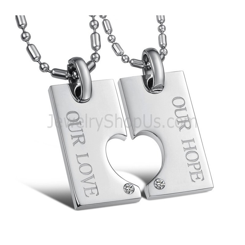 Titanium Silver "Our Hope & Our Love" Sweetheart Lovers Pendants With Rhinestones And Free Chains C602 Titanium Silver "Our Hope & Our Love" Sweetheart Lovers Pendants With Rhinestones And Free Chains C602