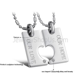 Titanium Silver "Our Hope & Our Love" Sweetheart Lovers Pendants With Rhinestones And Free Chains C602