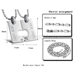 Titanium Silver "Our Hope & Our Love" Sweetheart Lovers Pendants With Rhinestones And Free Chains C602