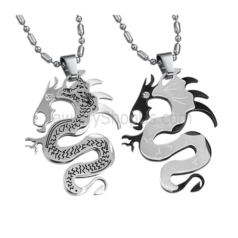 Titanium Silver And Black Dragon Lovers Pendants With Free Chains C399 Titanium Silver And Black Dragon Lovers Pendants With Free Chains C399