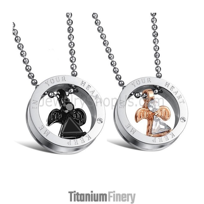 Black And Rose Gold Angle Titanium Lovers Pendants With Rhinestone And Free Chains Gx627
