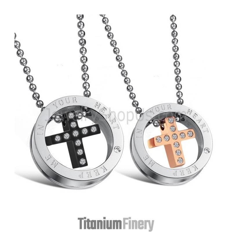 Titanium Rose Gold And Black Cross Lovers Pendants With Rhinestones And Free Chains C681