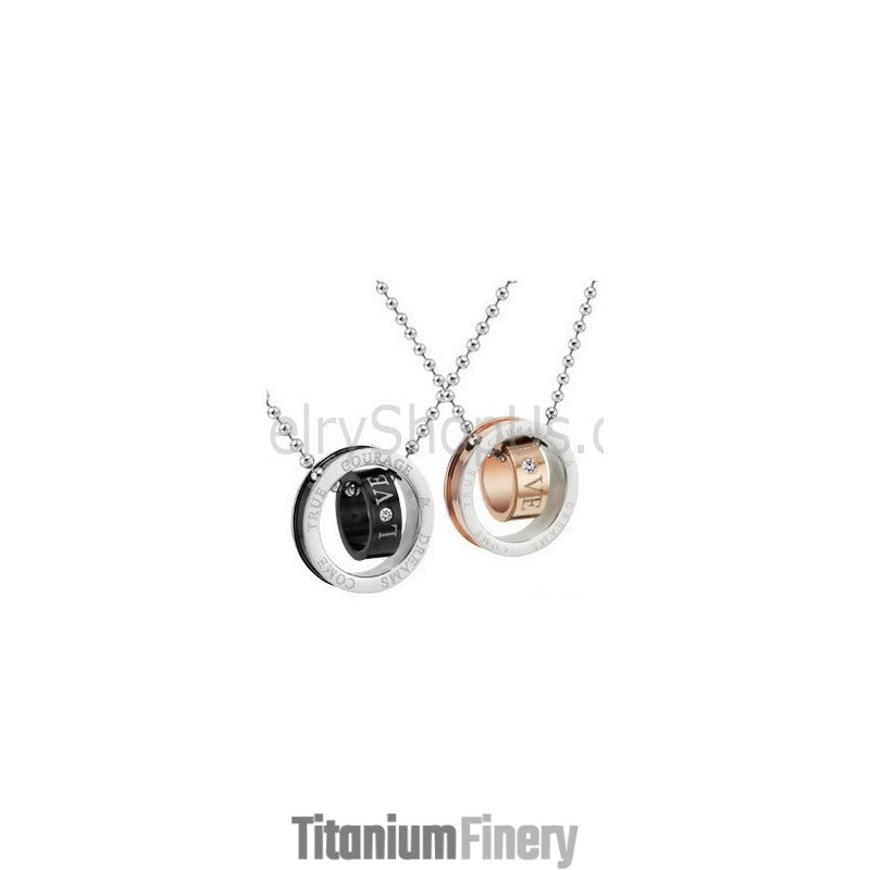 Titanium Rose Gold And Black Rings Lovers Pendants With Rhinestones And Free Chains C505