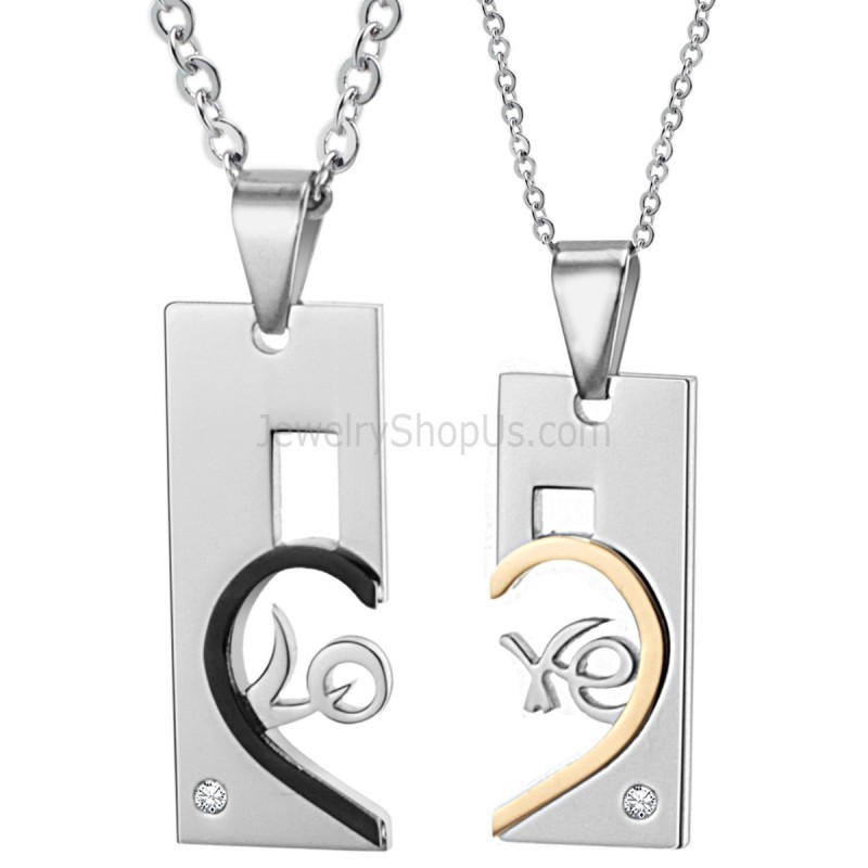 Titanium Rose Gold And Black Sweetheart "Love" Lovers Pendants With Rhinestones And Free Chains C539