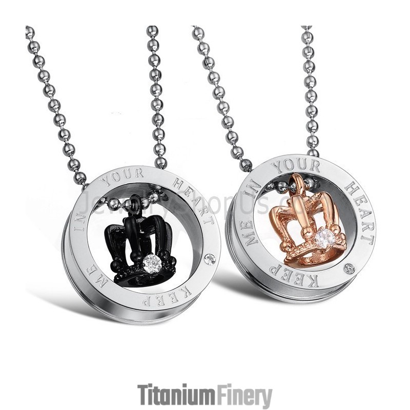 Titanium Rose Gold And Black Royal Crowns "Keep Me In Your Heart" Lovers Pendants With Rhinestones And Free Chains C603 Titanium Rose Gold And Black Royal Crowns "Keep Me In Your Heart" Lovers Pendants With Rhinestones And Free Chains C603