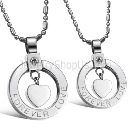 Titanium Silver Sweetheart "Forever Love" Lovers Pendants With Rhinestones And Free Chains C415