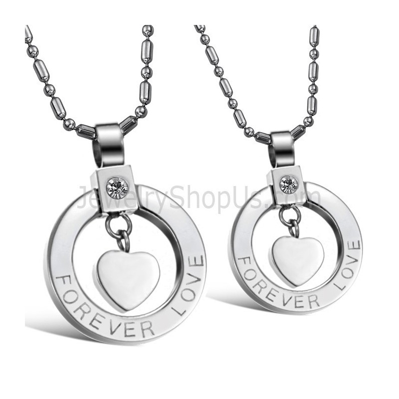 Titanium Silver Sweetheart "Forever Love" Lovers Pendants With Rhinestones And Free Chains C415